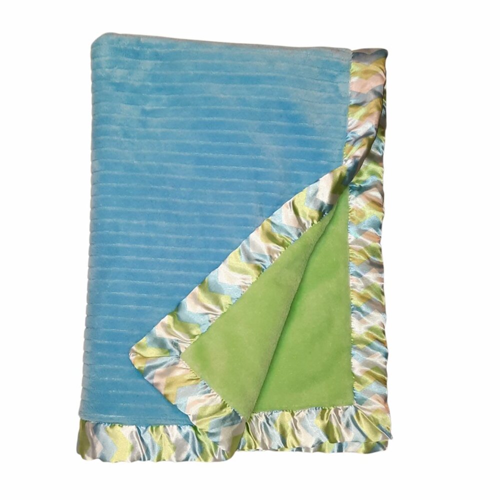 2014 Baby Essentials Blue & Green Satin Chevron Lovey Security Blanket 29" X 39"